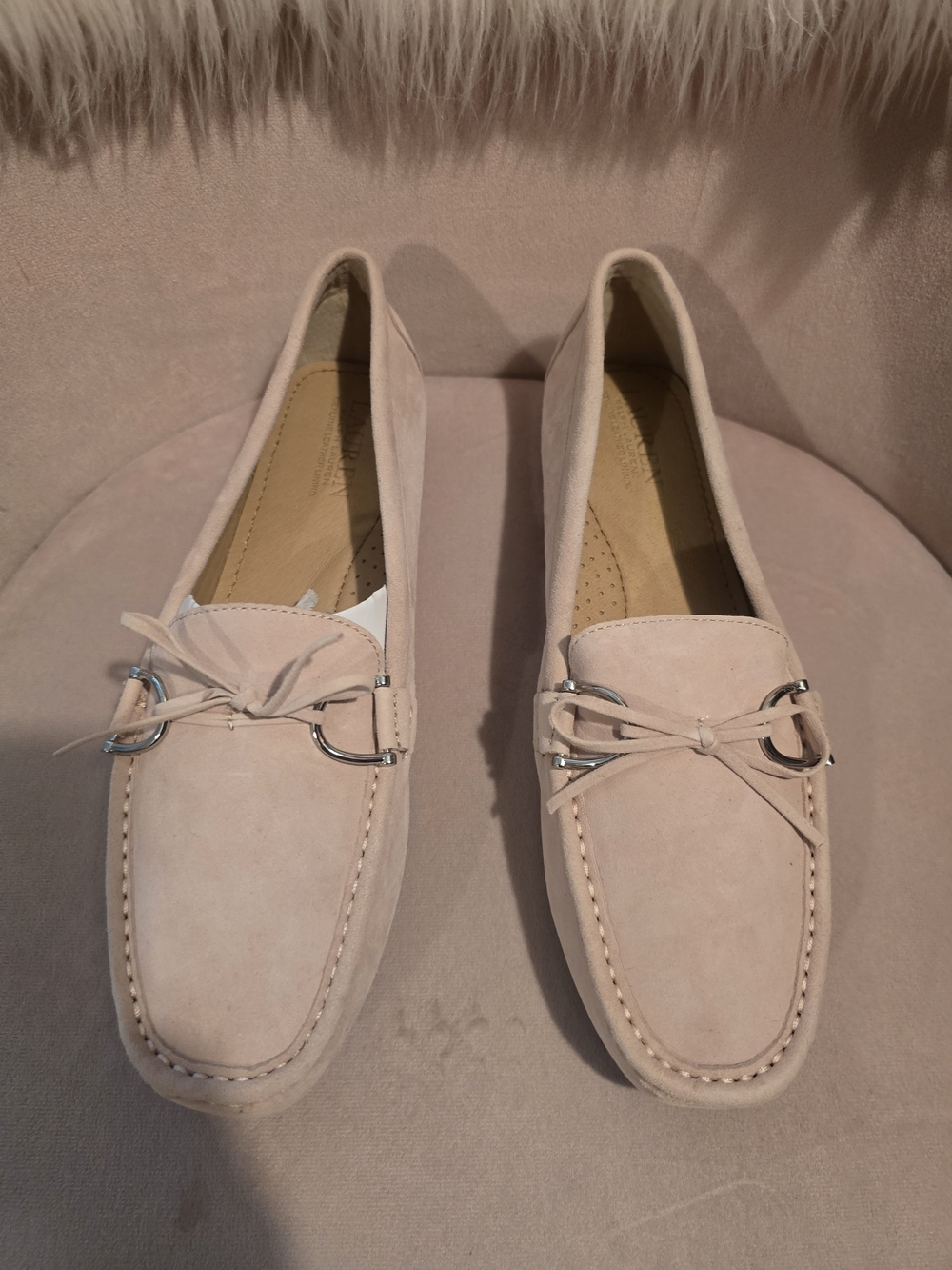Lauren Ralph Lauren Pale Pink Suede Loafers with Bow & Silver Hardware